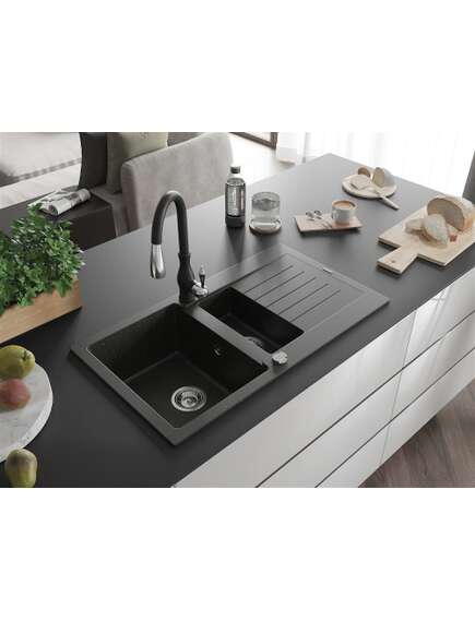 Mexen Matias zlewozmywak granitowy 1,5-komorowy z ociekaczem i baterią kuchenną Savita, czarny/złoty - 6502-75-672601-70, 2 image