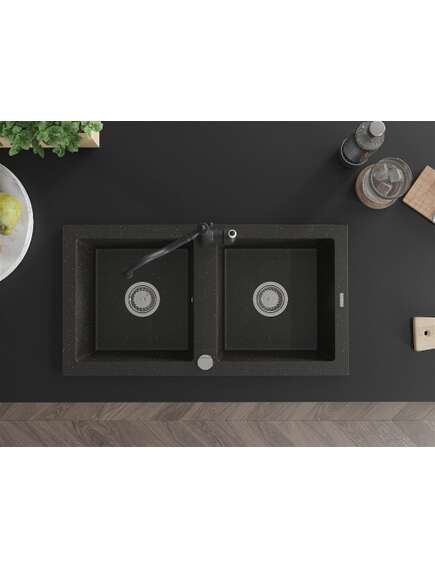 Mexen Mario zlewozmywak granitowy 2-komorowy z baterią kuchenną Carla, czarny/złoty metalik - 6504-75-670700-70, изображение 4