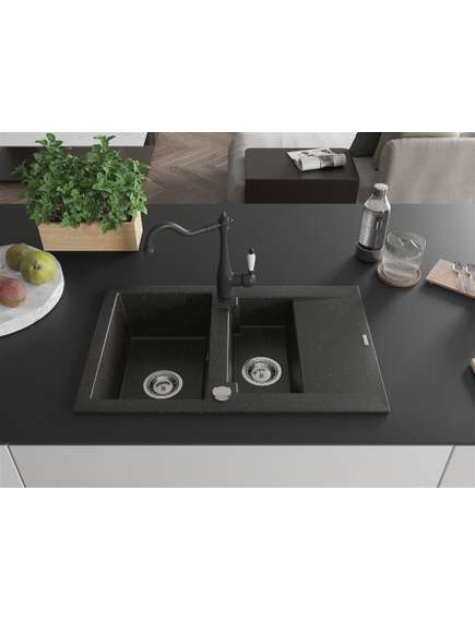 Mexen Gaspar zlewozmywak granitowy 1,5-komorowy z ociekaczem i baterią kuchenną Carla, czarny/złoty metalik - 6507-75-670700-70, изображение 3