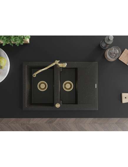 Mexen Gaspar zlewozmywak granitowy 1,5-komorowy z ociekaczem i baterią kuchenną Carla, czarny/złoty metalik - 6507-75-670700-50, изображение 4