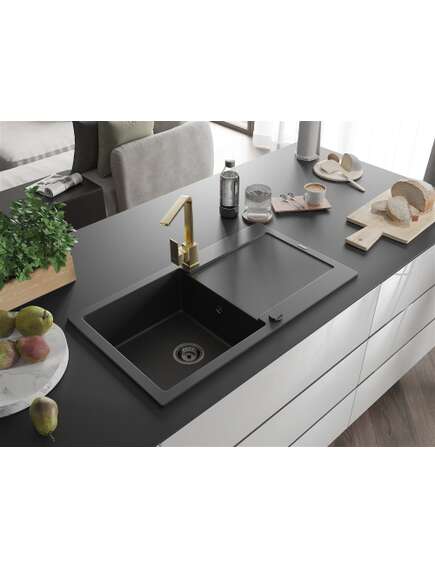 Mexen Leo zlewozmywak granitowy 1-komorowy z ociekaczem i baterią kuchenną Rita, czarny  - 6501-77-670300-50-B, 2 image