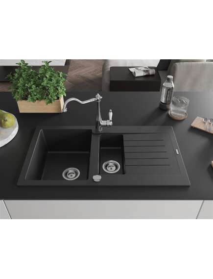 Mexen Matias zlewozmywak granitowy 1,5-komorowy z ociekaczem i baterią kuchenną Carla, czarny - 6502-77-670700-00, 3 image