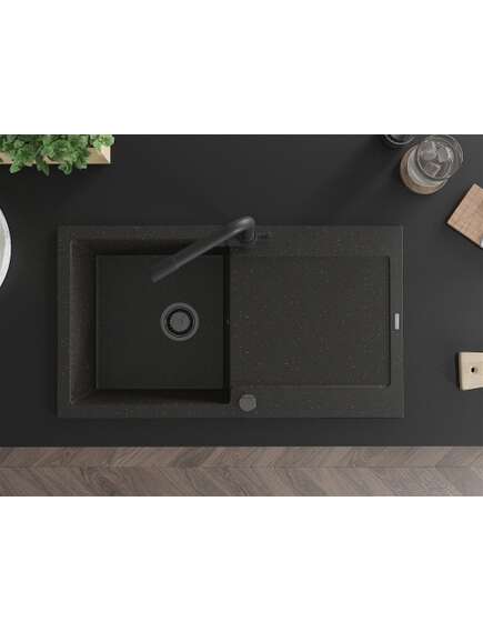 Mexen Leo zlewozmywak granitowy 1-komorowy z ociekaczem i baterią kuchenną Duero, czarny/złoty metalik - 6501-75-671600-70-B, изображение 4