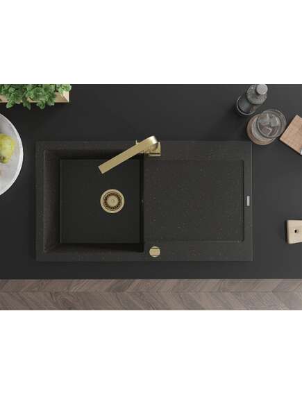 Mexen Leo zlewozmywak granitowy 1-komorowy z ociekaczem i baterią kuchenną Rita, czarny/złoty metalik - 6501-75-670300-50, изображение 4