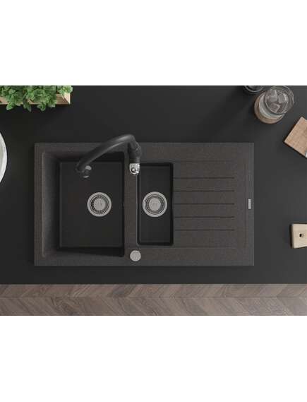 Mexen Matias zlewozmywak granitowy 1,5-komorowy z ociekaczem i baterią kuchenną Savita, czarny nakrapiany - 6502-76-672601-70, 4 image
