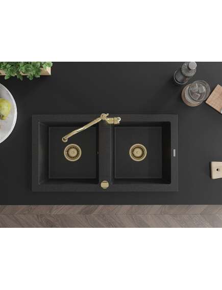 Mexen Mario zlewozmywak granitowy 2-komorowy z baterią kuchenną Carla, czarny/srebrny metalik - 6504-73-670700-50, изображение 4