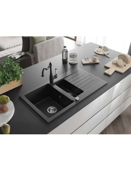 Mexen Matias zlewozmywak granitowy 1,5-komorowy z ociekaczem i baterią kuchenną Carla, czarny - 6502-77-670700-70, изображение 2
