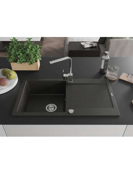 Mexen Leo zlewozmywak granitowy 1-komorowy z ociekaczem i baterią kuchenną Rita, czarny/złoty metalik - 6501-75-670300-00, изображение 3