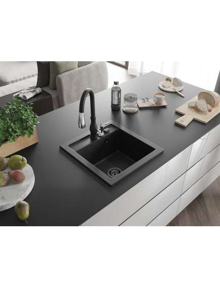 Mexen Vito zlewozmywak granitowy 1-komorowy z baterią kuchenną Savita, czarny/srebrny metalik - 6503-73-672601-70-B, 2 image
