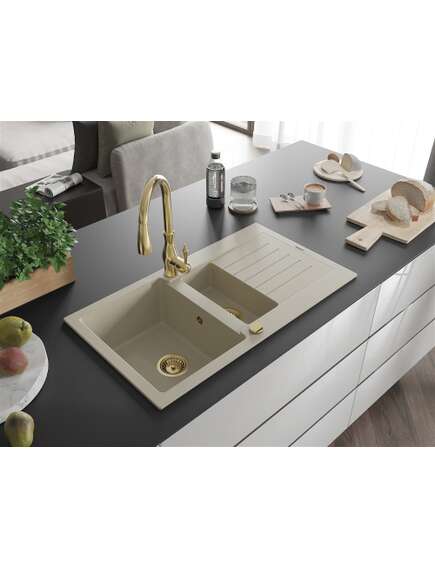 Mexen Matias zlewozmywak granitowy 1,5-komorowy z ociekaczem i baterią kuchenną Savita, beżowy - 6502-69-672601-50, изображение 2