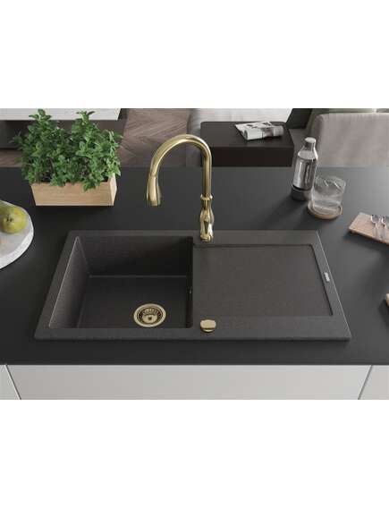 Mexen Leo zlewozmywak granitowy 1-komorowy z ociekaczem i baterią kuchenną Savita, czarny nakrapiany - 6501-76-672601-50, изображение 3