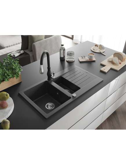 Mexen Matias zlewozmywak granitowy 1,5-komorowy z ociekaczem i baterią kuchenną Savita, czarny nakrapiany - 6502-76-672601-70, 2 image