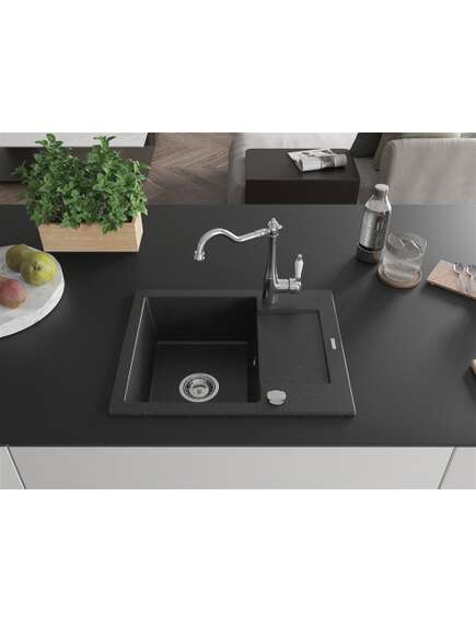 Mexen Enzo zlewozmywak granitowy 1-komorowy z ociekaczem i baterią kuchenną Carla, czarny/srebrny metalik - 6506-73-670700-00, 3 image