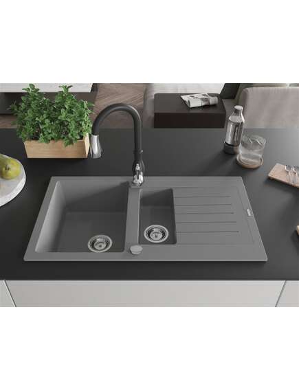 Mexen Matias zlewozmywak granitowy 1,5-komorowy z ociekaczem i baterią kuchenną Savita, szary - 6502-71-672601-70, изображение 3