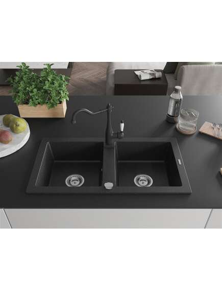 Mexen Mario zlewozmywak granitowy 2-komorowy z baterią kuchenną Carla, czarny/srebrny metalik - 6504-73-670700-70, изображение 3