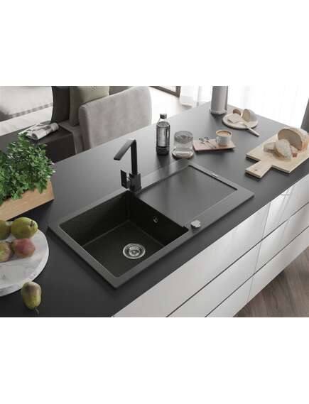 Mexen Leo zlewozmywak granitowy 1-komorowy z ociekaczem i baterią kuchenną Rita, czarny/złoty metalik - 6501-75-670300-70, изображение 2