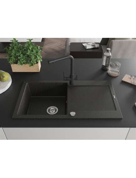 Mexen Leo zlewozmywak granitowy 1-komorowy z ociekaczem i baterią kuchenną Duero, czarny/złoty metalik - 6501-75-671600-70, изображение 3