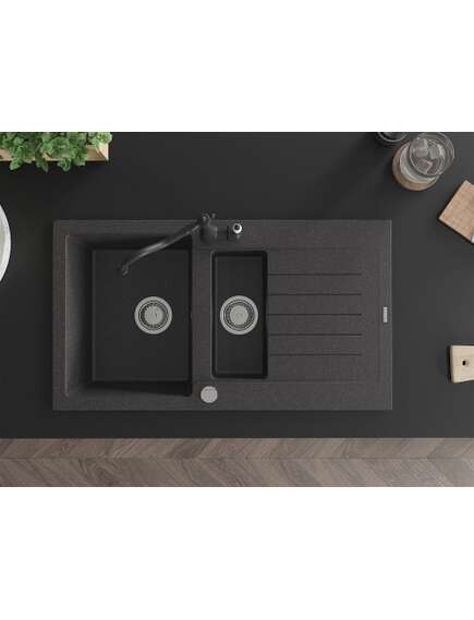 Mexen Matias zlewozmywak granitowy 1,5-komorowy z ociekaczem i baterią kuchenną Carla, czarny nakrapiany - 6502-76-670700-70, 4 image