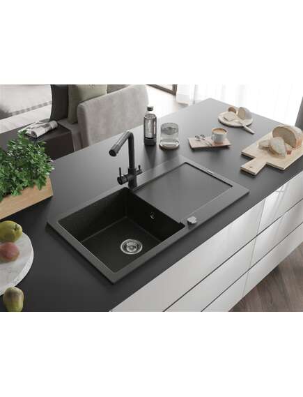 Mexen Leo zlewozmywak granitowy 1-komorowy z ociekaczem i baterią kuchenną Duero, czarny/złoty metalik - 6501-75-671600-70, изображение 2