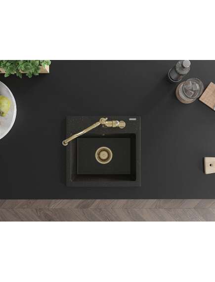 Mexen Milo zlewozmywak granitowy 1-komorowy z baterią kuchenną Carla, czarny/złoty metalik - 6505-75-670700-50, 4 image