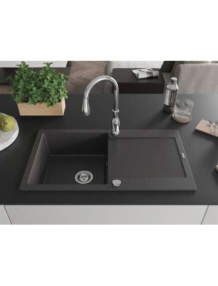 Mexen Leo zlewozmywak granitowy 1-komorowy z ociekaczem i baterią kuchenną Savita, czarny nakrapiany - 6501-76-672601-00, изображение 3