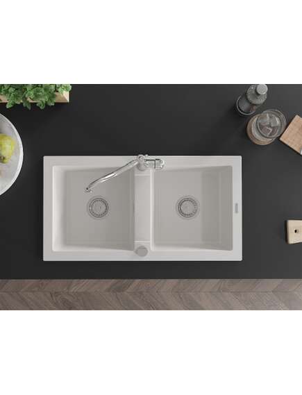 Mexen Mario zlewozmywak granitowy 2-komorowy z baterią kuchenną Carla, biały - 6504-20-670700-00, изображение 4