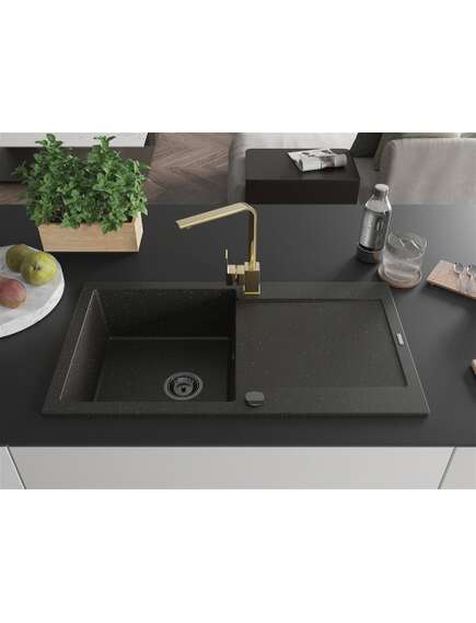 Mexen Leo zlewozmywak granitowy 1-komorowy z ociekaczem i baterią kuchenną Rita, czarny/złoty metalik - 6501-75-670300-50-B, изображение 3