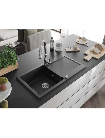 Mexen Leo zlewozmywak granitowy 1-komorowy z ociekaczem i baterią kuchenną Savita, czarny - 6501-77-672601-00, 2 image