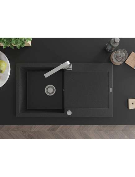 Mexen Leo zlewozmywak granitowy 1-komorowy z ociekaczem i baterią kuchenną Rita, czarny/srebrny metalik - 6501-73-670300-00, изображение 4