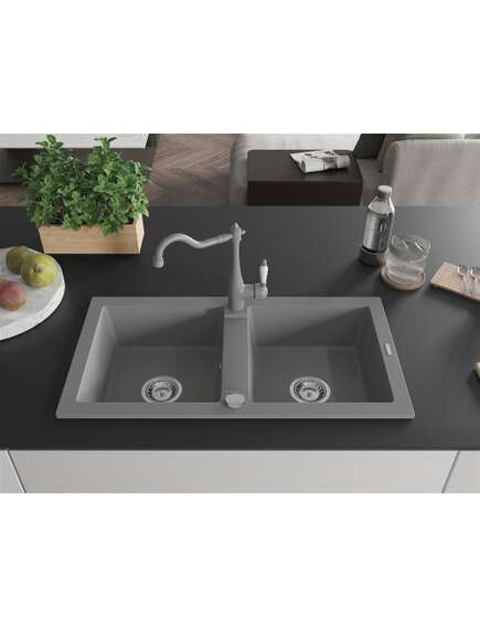 Mexen Mario zlewozmywak granitowy 2-komorowy z baterią kuchenną Carla, szary - 6504-71-670700-71, изображение 3