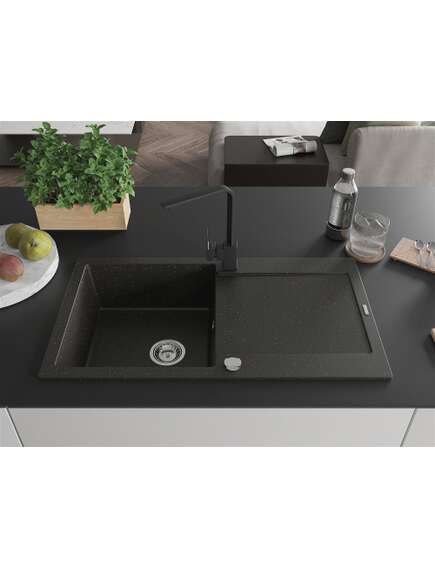 Mexen Leo zlewozmywak granitowy 1-komorowy z ociekaczem i baterią kuchenną Rita, czarny/złoty metalik - 6501-75-670300-70, изображение 3