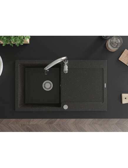 Mexen Leo zlewozmywak granitowy 1-komorowy z ociekaczem i baterią kuchenną Savita, czarny/złoty metalik - 6501-75-672601-00, 4 image