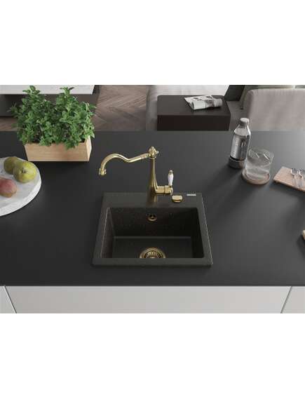 Mexen Milo zlewozmywak granitowy 1-komorowy z baterią kuchenną Carla, czarny/złoty metalik - 6505-75-670700-50, 3 image