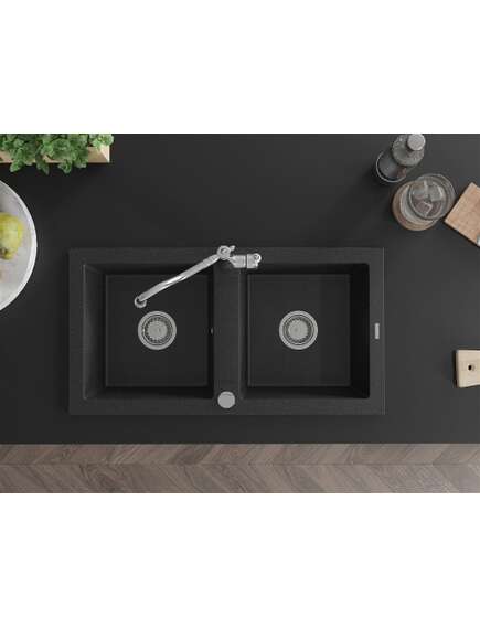 Mexen Mario zlewozmywak granitowy 2-komorowy z baterią kuchenną Carla, czarny/srebrny metalik - 6504-73-670700-00, изображение 4