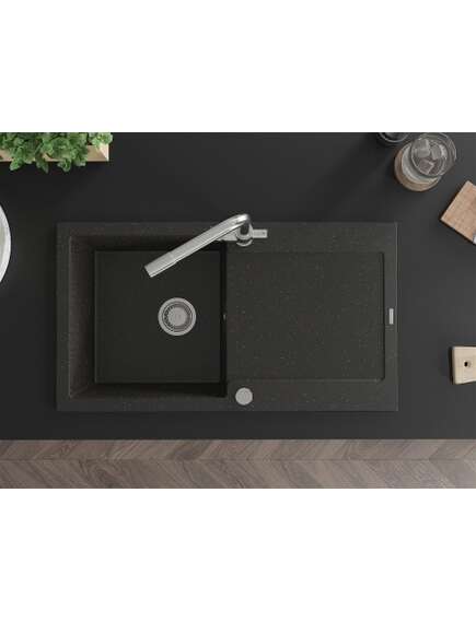 Mexen Leo zlewozmywak granitowy 1-komorowy z ociekaczem i baterią kuchenną Duero, czarny/złoty metalik - 6501-75-671600-00, изображение 4