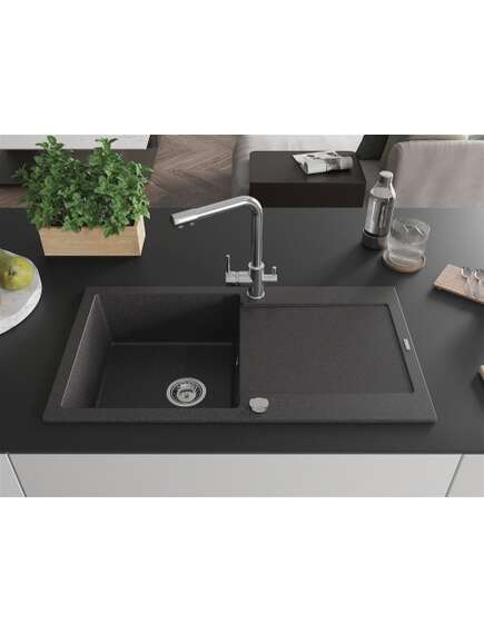 Mexen Leo zlewozmywak granitowy 1-komorowy z ociekaczem i baterią kuchenną Duero, czarny nakrapiany - 6501-76-671600-00, 3 image