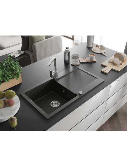 Mexen Leo zlewozmywak granitowy 1-komorowy z ociekaczem i baterią kuchenną Rita, czarny/złoty metalik - 6501-75-670300-00, изображение 2