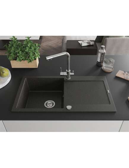 Mexen Leo zlewozmywak granitowy 1-komorowy z ociekaczem i baterią kuchenną Duero, czarny/złoty metalik - 6501-75-671600-00, изображение 3