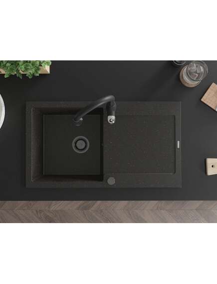 Mexen Leo zlewozmywak granitowy 1-komorowy z ociekaczem i baterią kuchenną Savita, czarny/złoty metalik - 6501-75-672601-70-B, 4 image