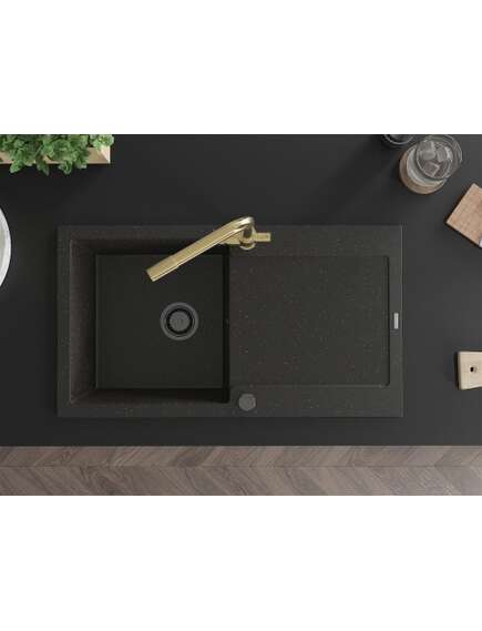 Mexen Leo zlewozmywak granitowy 1-komorowy z ociekaczem i baterią kuchenną Duero, czarny/złoty metalik - 6501-75-671600-50-B, изображение 4