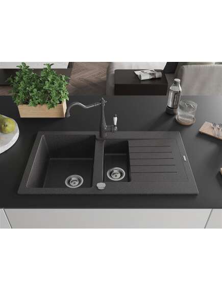 Mexen Matias zlewozmywak granitowy 1,5-komorowy z ociekaczem i baterią kuchenną Carla, czarny nakrapiany - 6502-76-670700-76, 3 image