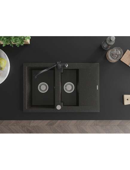 Mexen Gaspar zlewozmywak granitowy 1,5-komorowy z ociekaczem i baterią kuchenną Carla, czarny/złoty metalik - 6507-75-670700-70, изображение 4