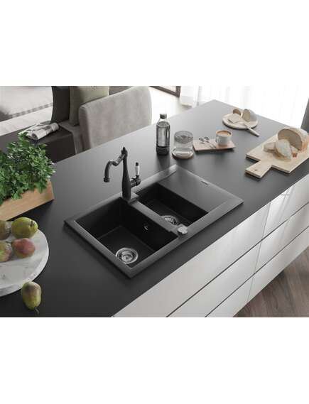 Mexen Gaspar zlewozmywak granitowy 1,5-komorowy z ociekaczem i baterią kuchenną Carla, czarny - 6507-77-670700-70, 2 image