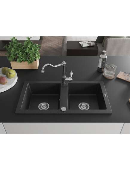 Mexen Mario zlewozmywak granitowy 2-komorowy z baterią kuchenną Carla, czarny/srebrny metalik - 6504-73-670700-00, изображение 3