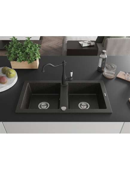 Mexen Mario zlewozmywak granitowy 2-komorowy z baterią kuchenną Carla, czarny/złoty metalik - 6504-75-670700-70, изображение 3