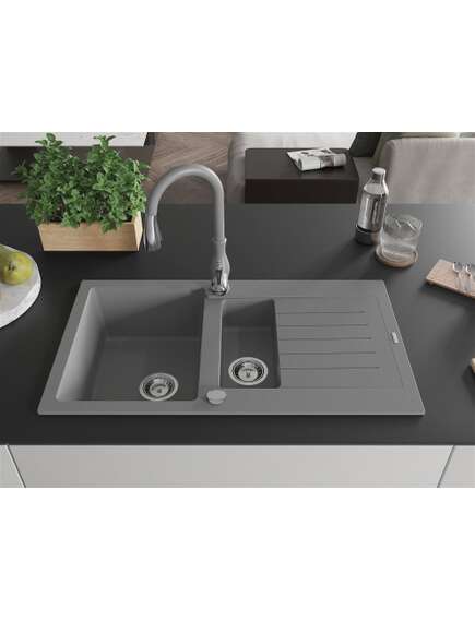 Mexen Matias zlewozmywak granitowy 1,5-komorowy z ociekaczem i baterią kuchenną Savita, szary - 6502-71-672601-71, изображение 3