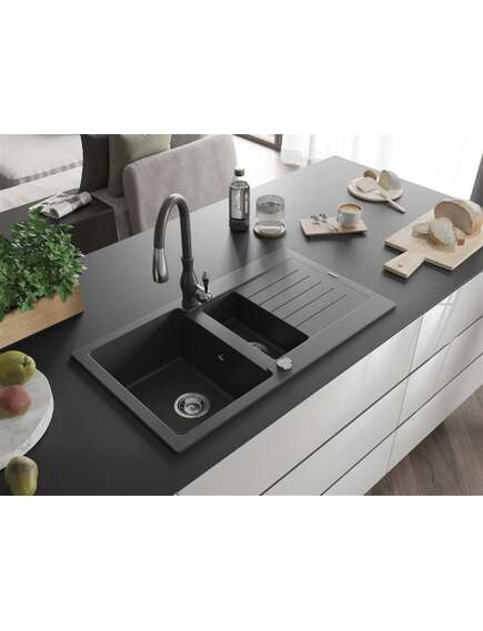 Mexen Matias zlewozmywak granitowy 1,5-komorowy z ociekaczem i baterią kuchenną Savita, czarny nakrapiany - 6502-76-672601-76, 2 image