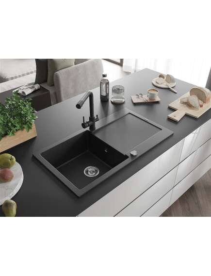 Mexen Leo zlewozmywak granitowy 1-komorowy z ociekaczem i baterią kuchenną Duero, czarny/srebrny metalik - 6501-73-671600-70, изображение 2