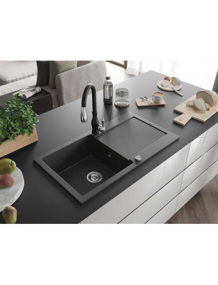 Mexen Leo zlewozmywak granitowy 1-komorowy z ociekaczem i baterią kuchenną Savita, czarny nakrapiany - 6501-76-672601-70, изображение 2