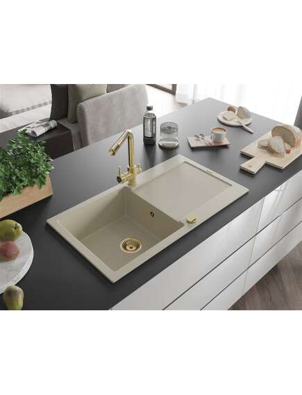 Mexen Leo zlewozmywak granitowy 1-komorowy z ociekaczem i baterią kuchenną Duero, beżowy- 6501-69-671600-50, изображение 2